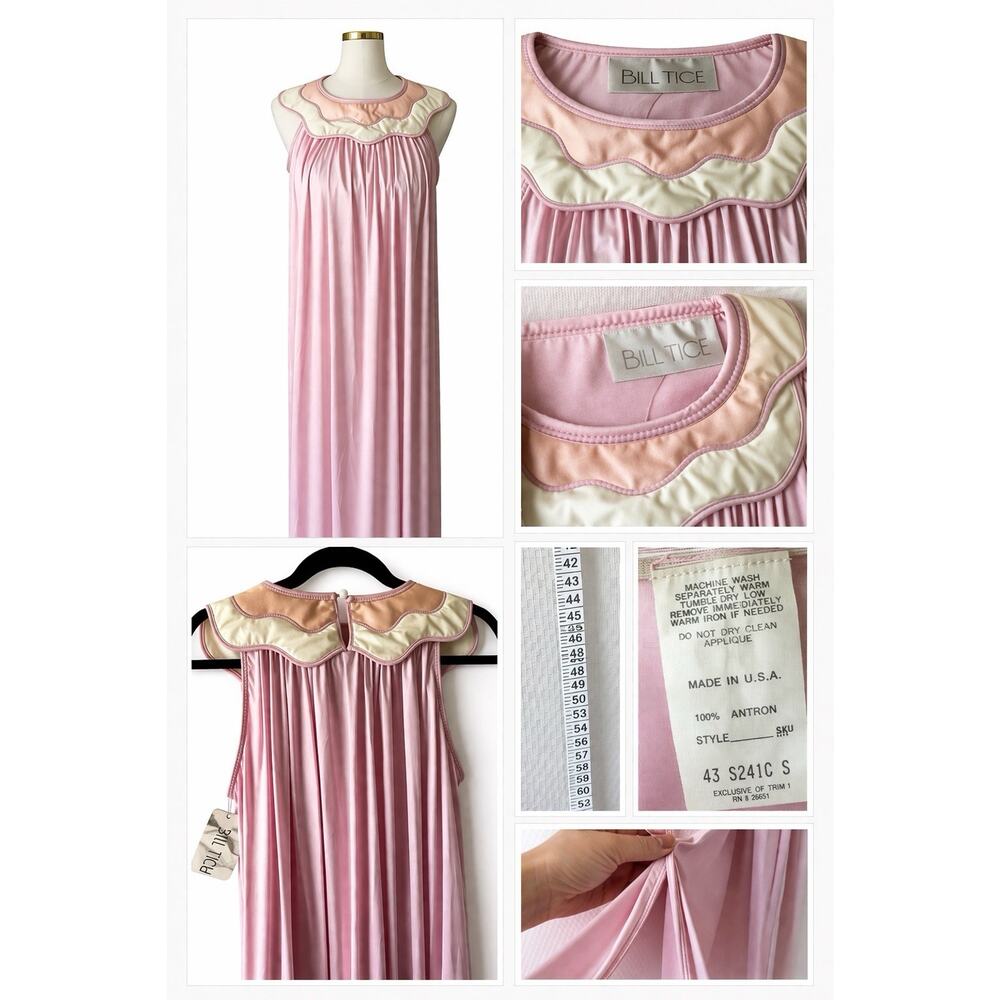 VTG BILL TICE Pink 70s Pastel Quilted Bib Groovy Long Nightgown Dress Small